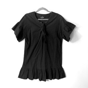 Lucky Brand Lace Up Dress Ruffle Sleeve Flounce Oversized in Black Cotton XS